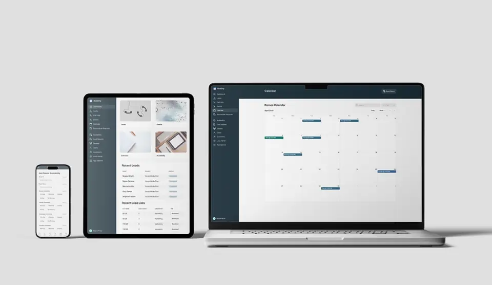 Dealer booking and CRM app on laptop, tablet and phone