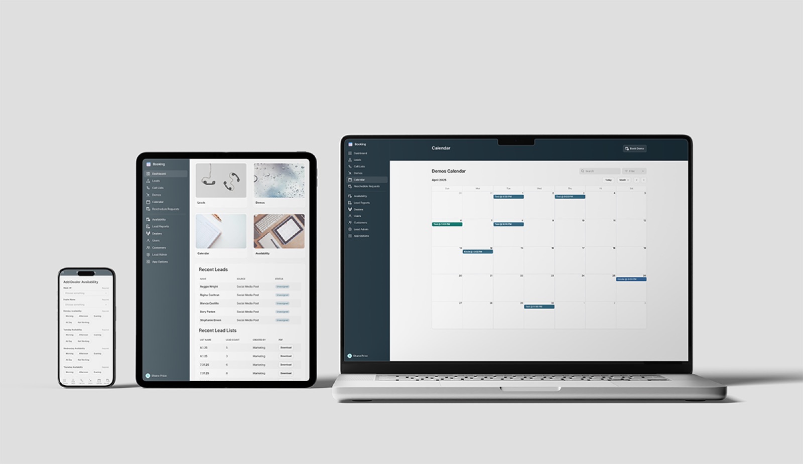 Dealer booking and CRM app on laptop, tablet and phone