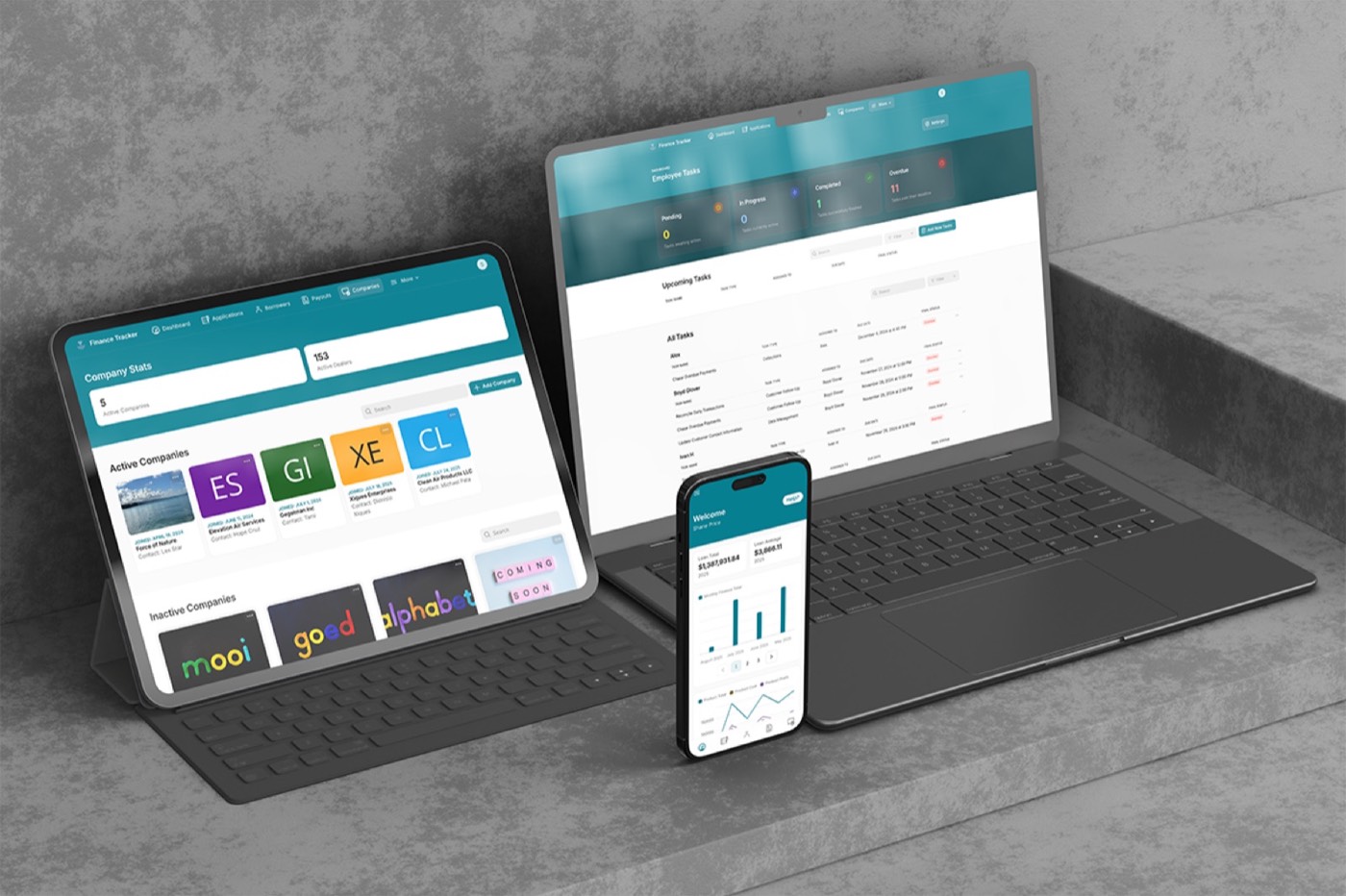 Finance operations app on laptop, tablet and phone