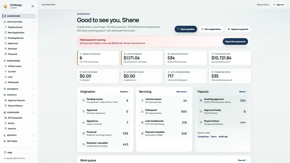 Lending admin dashboard