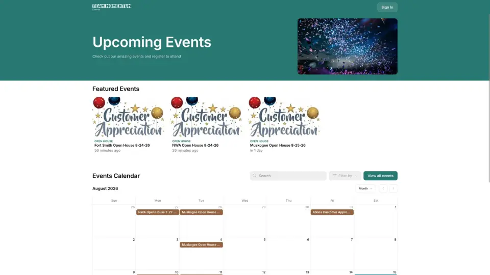 Team Momentum events calendar and featured listings