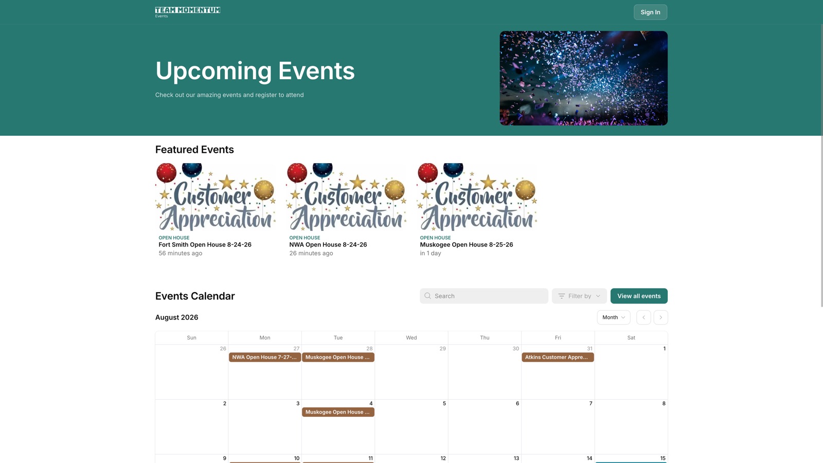 Team Momentum events calendar and featured listings